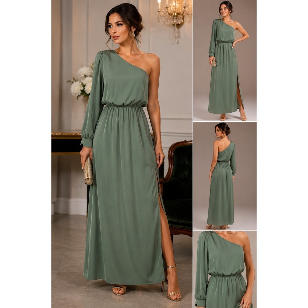 Kirundo One Shoulder Maxi Dress Sage Green Long Sleeve Slit Size L NWOT - Picture 2 of 12